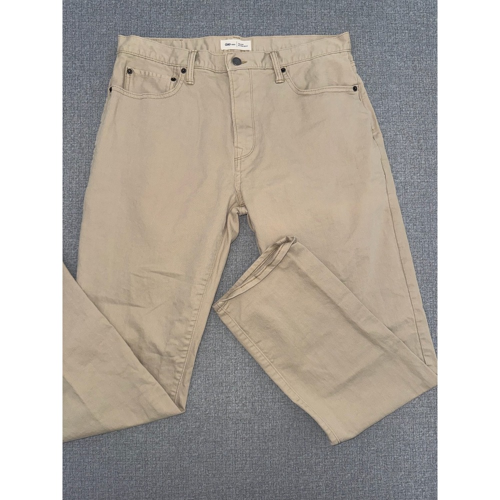Excellent Mens Gap 34x32 Straight Pants Khaki Tan 1969 Stretch Cotton Trousers
